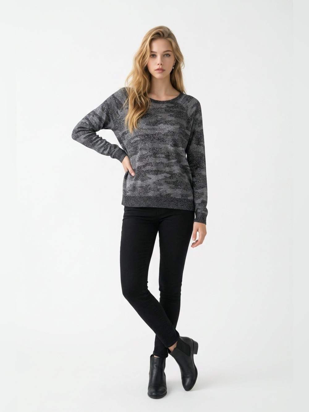 Lucky Brand Women's Gray Camo Crewneck Sweater
